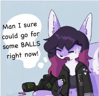 the first commission of my fursona, cropped to just a headshot, with a thought bubble saying 'man, i sure could go for some BALLS right now'